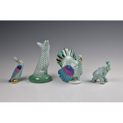 45 - Four Herend porcelain bird and animals figures, in green Vieux Herend (VHV), comprising a Turkey, a ... 