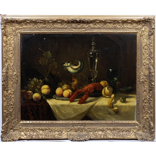 704 - Dutch School, late 18th century, Still life with lobster, exotic fruits, wine jug and platter on a t... 