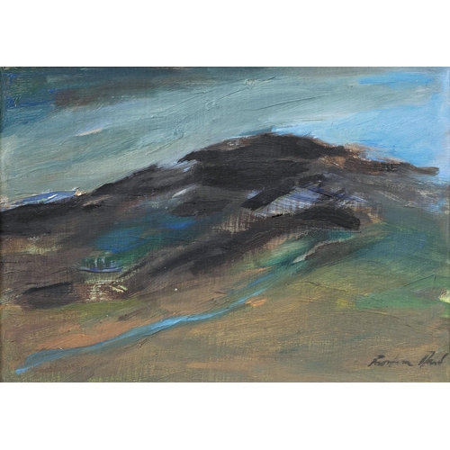 705 - Pandora Mond (Scottish, b.1959), Mountain landscape. oil on board, signed lower right. 4 5/8 x 6½in.... 