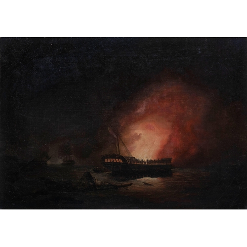 706 - attributed to Thomas Butterworth (British, 1768-1828), Burning the hulk. oil on canvas, unsigned, 19... 