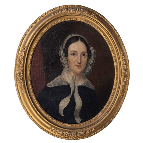 708 - Naive School (British, 19th century), Portrait of a lady. oval, oil on canvas, laid onto board, late... 