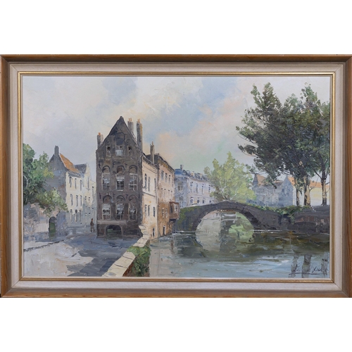 712 - Bernard Laarhoven (Dutch, b.1912), Dutch Town Scene with a Bridge oil on canvas, signed 