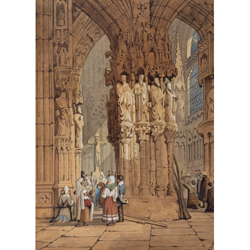 716 - After Samuel Prout (British, 19th century), Figures in cathedral interiors. a pair, watercolours, bo... 