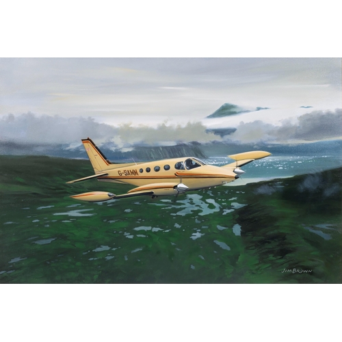 721 - Jim Brown (British, 20th century), Cessna 340A G-SAMM in flight. oil on canvas, signed lower right... 