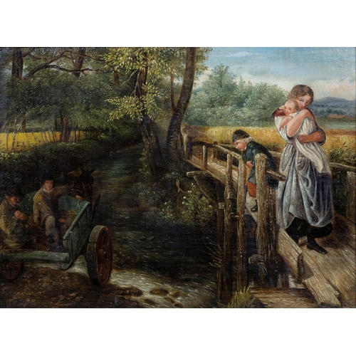 726 - English School (19th century), Country landscape with a mother, baby and child on a wooden bridge, t... 