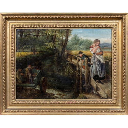 726 - English School (19th century), Country landscape with a mother, baby and child on a wooden bridge, t... 