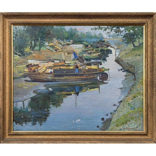 730 - V. Podyouzyky (mid-20th century), Moored boats on a quiet estuary backwater. oil on canvas, signed a... 