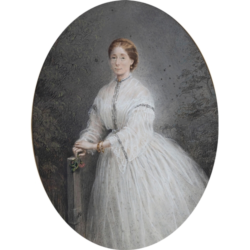 731 - English School (19th century), A portrait of a lady in a white dress, holding a pink rose, three qua... 