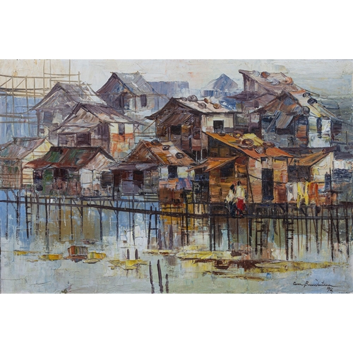 734 - Cesar Buenaventura (Phillipines, 1919/1922-1983), Riverside houses, with figures on a wooden walkway... 