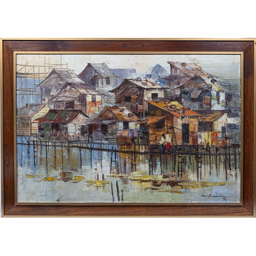 734 - Cesar Buenaventura (Phillipines, 1919/1922-1983), Riverside houses, with figures on a wooden walkway... 