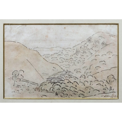 736 - John White Abbot (British, 1763-1851), Landscape with wooded hills and a stone bridge. pen and ink w... 