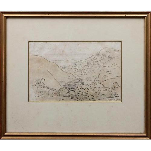 736 - John White Abbot (British, 1763-1851), Landscape with wooded hills and a stone bridge. pen and ink w... 