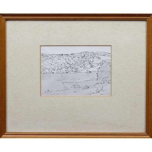 736 - John White Abbot (British, 1763-1851), Landscape with wooded hills and a stone bridge. pen and ink w... 