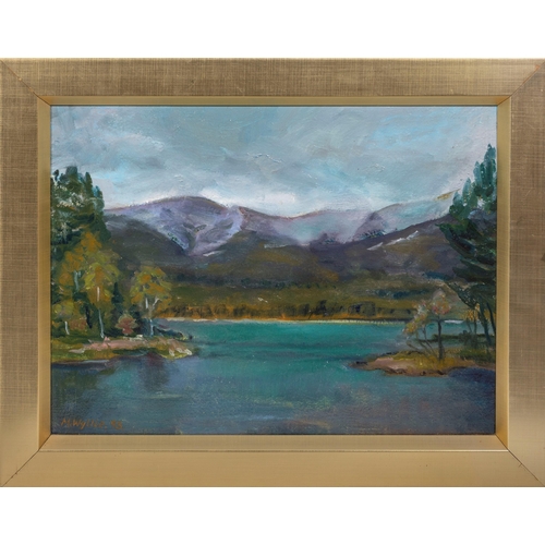 738 - M. Willie (British, late 20th century), Loch Morlich. oil on hardboard, signed lower left and dated ... 