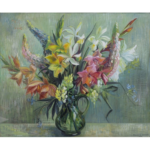 739 - Marion Grace Hocken (British, 1923-1987), Still life of lilies, irises and lupins in a glass jug. oi... 