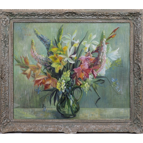 739 - Marion Grace Hocken (British, 1923-1987), Still life of lilies, irises and lupins in a glass jug. oi... 