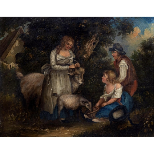 740 - after George Morland (British, 19th century), Children feeding goats. oil on canvas, unsigned, gilt ... 