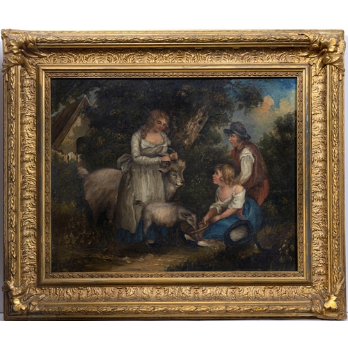 740 - after George Morland (British, 19th century), Children feeding goats. oil on canvas, unsigned, gilt ... 