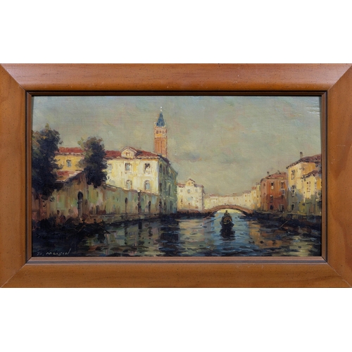 742 - P. Musin (French, 20th century), Venetian Canal with the Campanile. oil on panel, signed lower left ... 