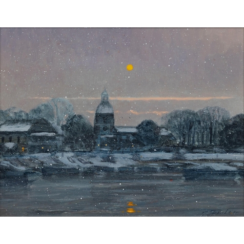 757 - John Foulger (British, 1943-2007), Snowfall-Hampton-River Thames. oil on hardboard, signed lower r... 