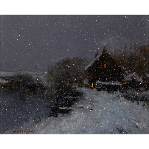 763 - John Foulger (British, 1943-2007), Snowfall near Arundel. oil on hardboard, signed lower left, ins... 