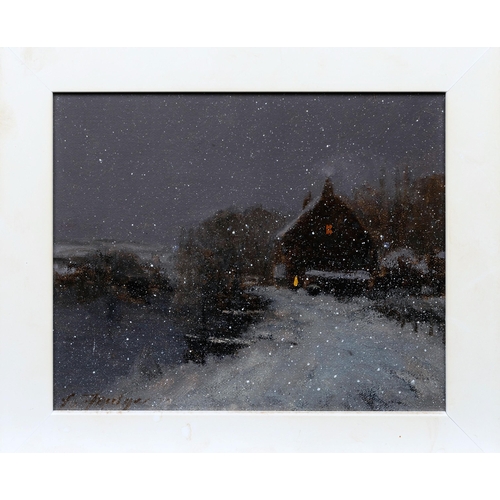 763 - John Foulger (British, 1943-2007), Snowfall near Arundel. oil on hardboard, signed lower left, ins... 