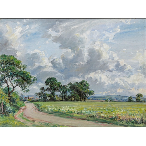 770 - Attributed to John Foulger (British, 1943-2007), Breezy Day in a Landscape. oil on canvas board, sig... 