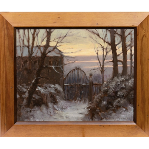 776 - John Foulger (British, 1943-2007), Gateway in the Snow. acrylic on board, signed lower right, fram... 