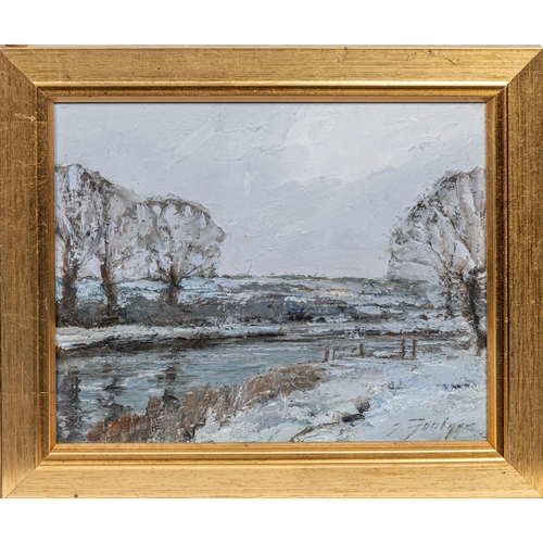 786 - John Foulger (British, 1943-2007), Winter in the Stour Valley near Dedham. oil on hardboard, signe... 