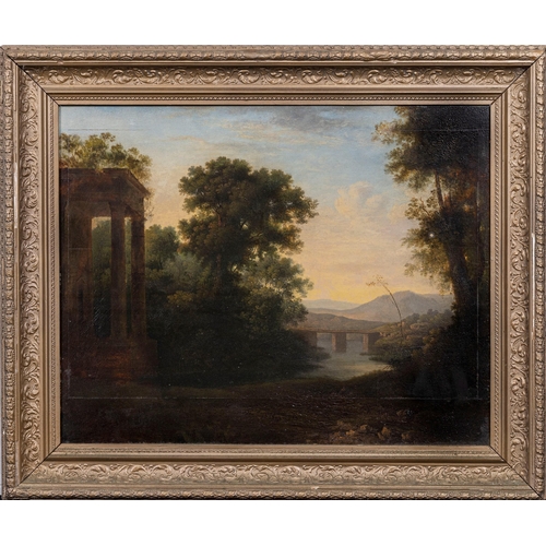 791 - Circle of John Rathbone (English, 1750-1807), Landscape with classical ruins and a bridge. oil on pa... 