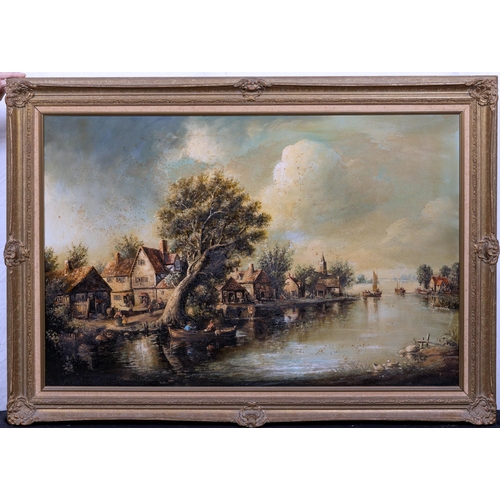 794 - 20th century English School, Riverside Village. oil on canvas, modern swept frame, Roberson & Co can... 