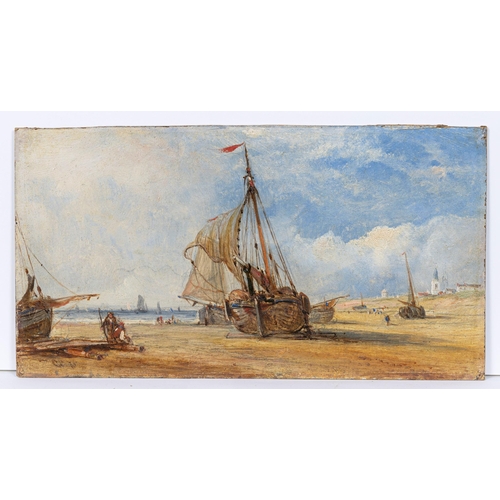 797 - George Chambers Junior (British, 1829-1878), Fishing boats on the beach at Scheveningen. oil on boar... 