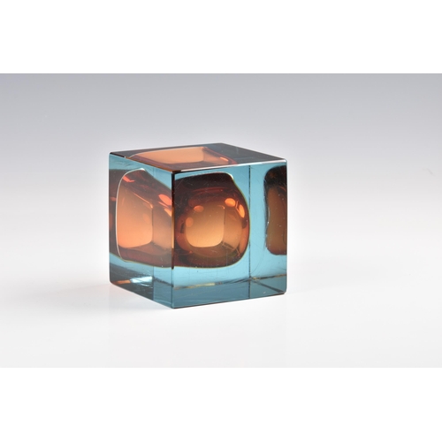 83 - A 1960s square art glass paperweight style vase, in blue and orange, 3¾in. (9.5cm.) high.. * Scratch... 