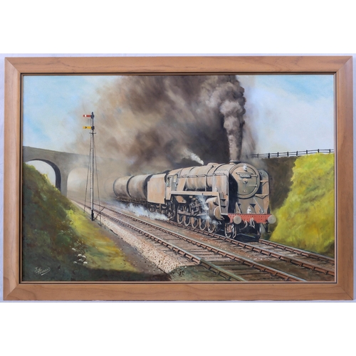 834 - Joe Townend, (British b. 1946), Class 9F 2-10-0 Steam Locomotive 92051. oil on canvas, signed lower ... 