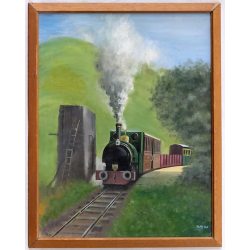 843 - JRM, 20th century, Narrow Gauge Steam Engine. oil on board, signed lower right JRM and dated 77,... 