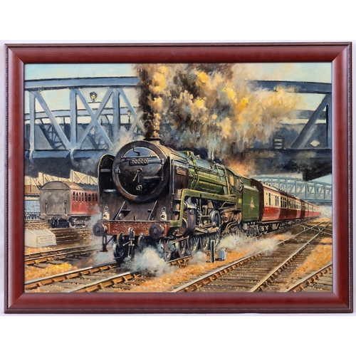 844 - Robert Nixon (British, b. 1955), A 7MT Class Steam Engine 70000. oil on board, signed lower right,... 