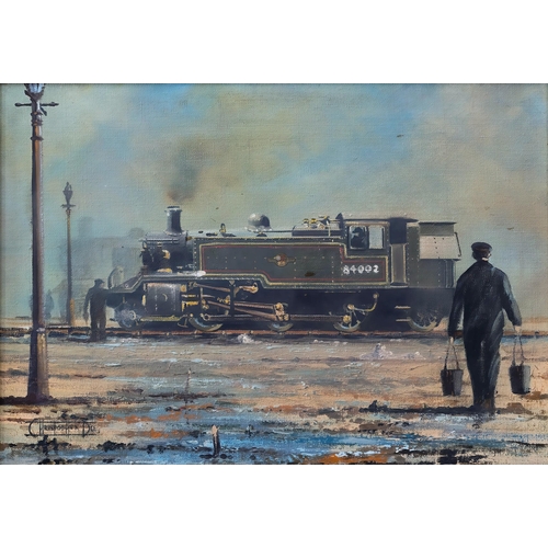 846 - Christopher Dee (British, late 20th century), 2MT Class 2-6-2T Steam Locomotive 84002. oil on canvas... 