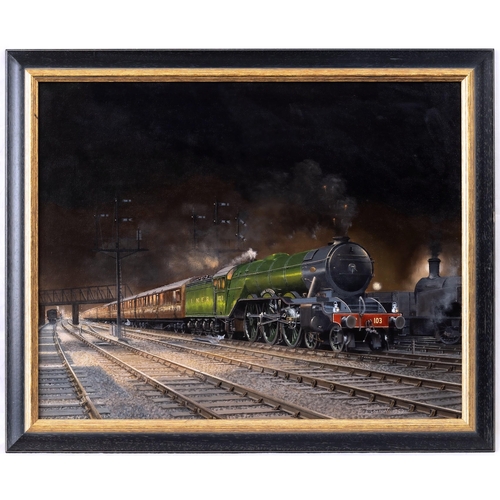 848 - E Bolton (20th century), Flying Scotsman at Wortley Junction. oil on canvas board, signed lower ri... 