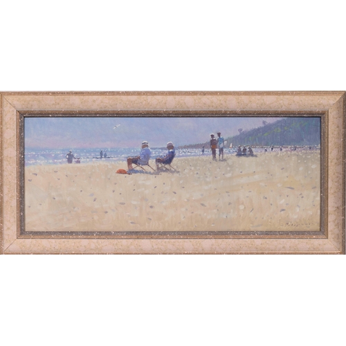 854 - Zlatan Pilipovic (b.1958 Sarajevo), Figures in Deck Chairs by the Sea. oil on canvas board, signed l... 