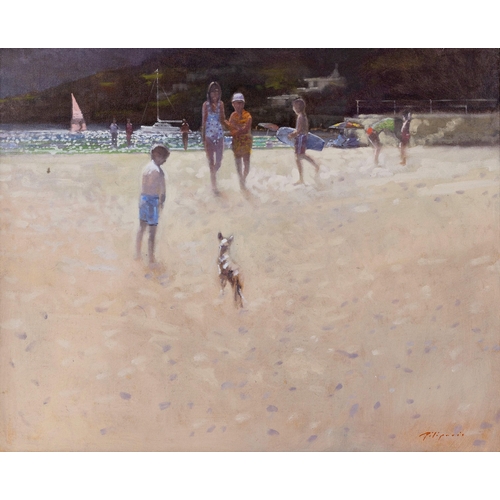 856 - Zlatan Pilipovic (b.1958 Sarajevo), Figures and a Dog on the Beach with a Surfboard. oil on canvas b... 