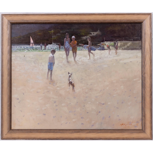 856 - Zlatan Pilipovic (b.1958 Sarajevo), Figures and a Dog on the Beach with a Surfboard. oil on canvas b... 