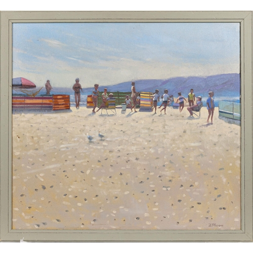 857 - Zlatan Pilipovic (b.1958 Sarajevo), Beach Scene with Figures and Windbreaks. oil on canvas, signed l... 