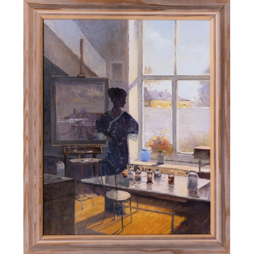 860 - Zlatan Pilipovic (b.1958 Sarajevo), Woman standing by a window in an artist's studio. oil on canvas ... 