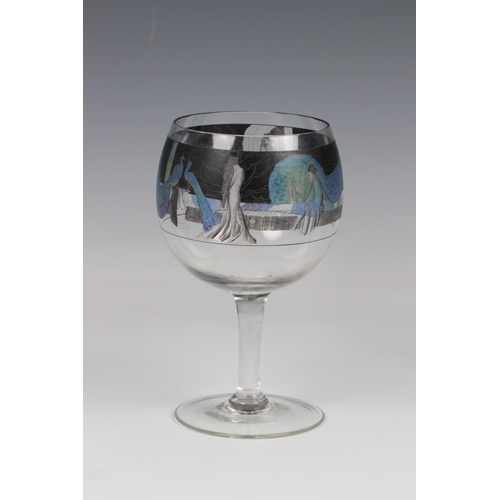 87 - An Art Deco Vetri della Arte (Vedar) wine goblet, the bowl enamelled with a continuous frieze of nud... 