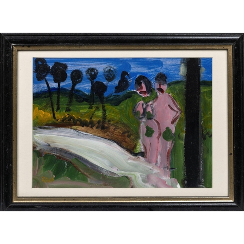 883 - Rachel Grainger Hunt (Irish, 1956-2016), Two Nudes in a Landscape. acrylic on board, signed with ini... 