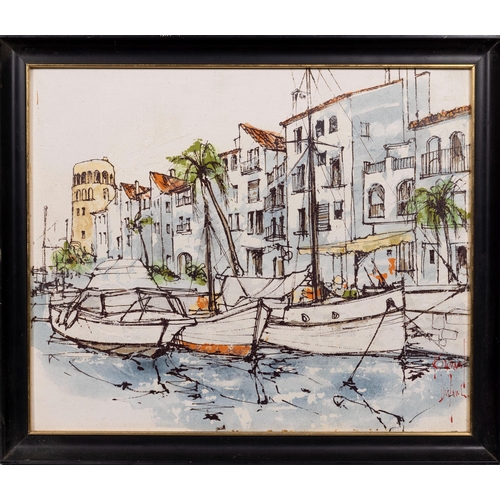 905 - Bernard Dufour (French 1922-2016), Mediterranean Marina. ink and oil on hardboard, signed lower righ... 