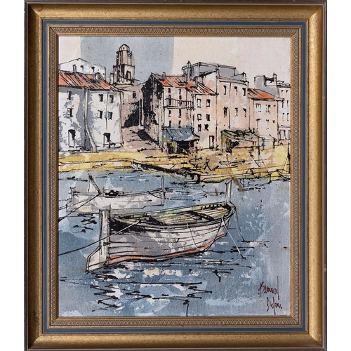 906 - Bernard Dufour (French, 1922-2016), Mediterranean Harbour. ink and oil on hardboard, signed lower ri... 