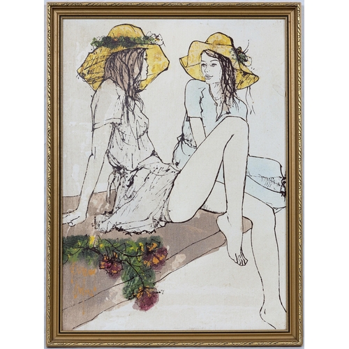 910 - Bernard Dufour (French, 1922-2016), Women in Conversation wearing Hats. oil on board, signed lower l... 