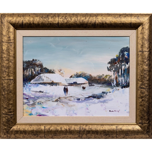 913 - Roberto Luigi Valente (Italian b. 1926), Snowy Landscape with Houses. oil on canvas, signed lower ri... 