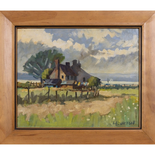 922 - L. Burton, late 20th century,, Farmhouse beside a Lake. oil on canvas board, signed lower right, fra... 